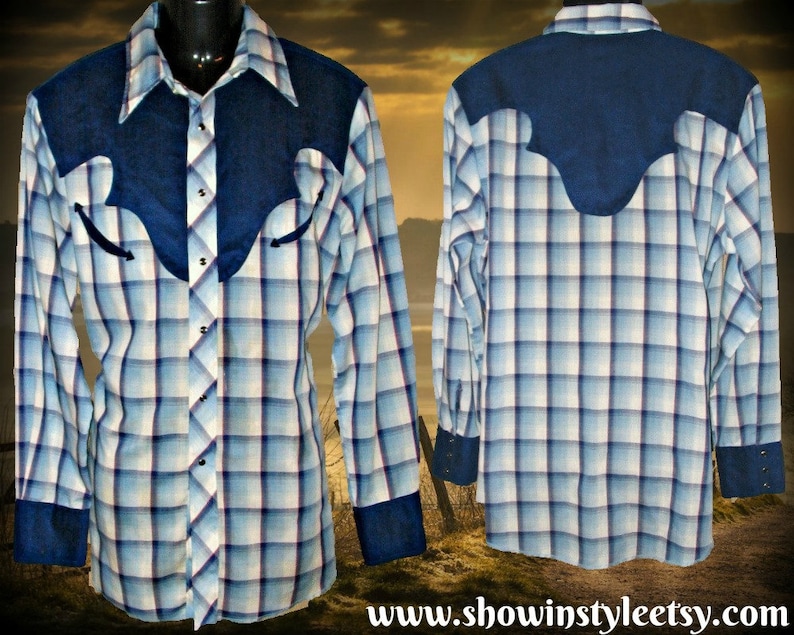 Denver Vintage Retro Western Men/'s Cowboy Shirt Blue and White Plaid with Faux Suede Yokes X-Large see meas. photo Approx