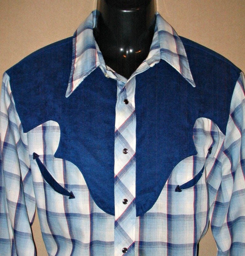 Denver Vintage Retro Western Men/'s Cowboy Shirt Blue and White Plaid with Faux Suede Yokes X-Large see meas. photo Approx