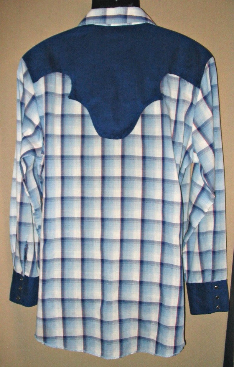 Denver Vintage Retro Western Men/'s Cowboy Shirt Blue and White Plaid with Faux Suede Yokes X-Large see meas. photo Approx