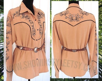 Vintage Retro Women's Cowgirl Shirt by Western Collection Styles, Peach with Black Embroidery, Rhinestones, Size XLarge (see meas. photo)