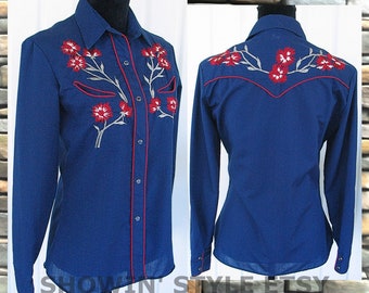 The Hustler Vintage Retro Women's Cowgirl Western Shirt, Navy Blue, Red Floral Embroidery, Tag Size 14/36, approx. Medium (see meas. photo)