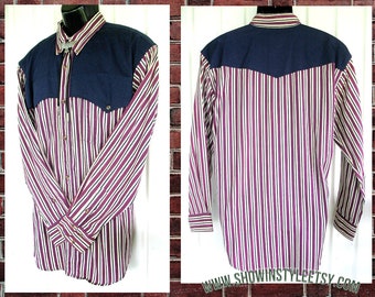 Gordon & James Vintage Retro Western Men's Cowboy Shirt, Burgundy and White Striped with Navy Cape, Tag Size Large (see meas. photo)