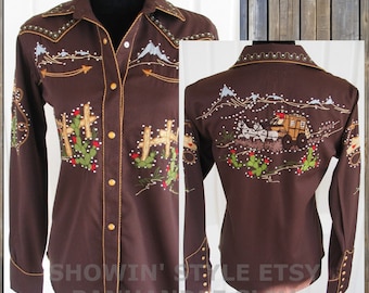 Panhandle Slim Vintage Retro Western Women's Shirt, Embroidered Cactus, Horses & Stagecoach, Rhinestones, Tag Size Large (see meas. photo)