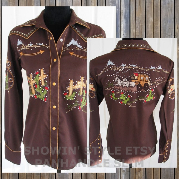 Panhandle Slim Vintage Retro Western Women's Shirt, Embroidered Cactus, Horses & Stagecoach, Rhinestones, Tag Size Large (see meas. photo)