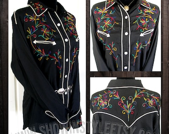 JouJou Vintage Western Women's Cowgirl Shirt, Rodeo Blouse, Black with Multi-Color Embroidery, Tag Size Large (see meas. photo)