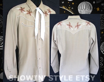 Tem Tex Vintage Western Men's Cowboy Shirt, Rodeo Shirt, Beige with Bold Embroidered Floral Designs, 15-34, Approx. Medium (see meas. photo)