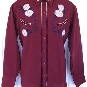 Karman Vintage Western Men's Cowboy, Rodeo Shirt, Burgundy with Light Gold Embroidered Flowers, 17-35, Approx. XLarge see meas. photo image 2