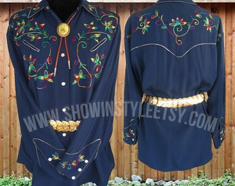 A.B.S. of California Vintage Western Women's Cowgirl Shirt, Blue with Variegated Floral Embroidery, Tag Size Medium (see meas. photo)