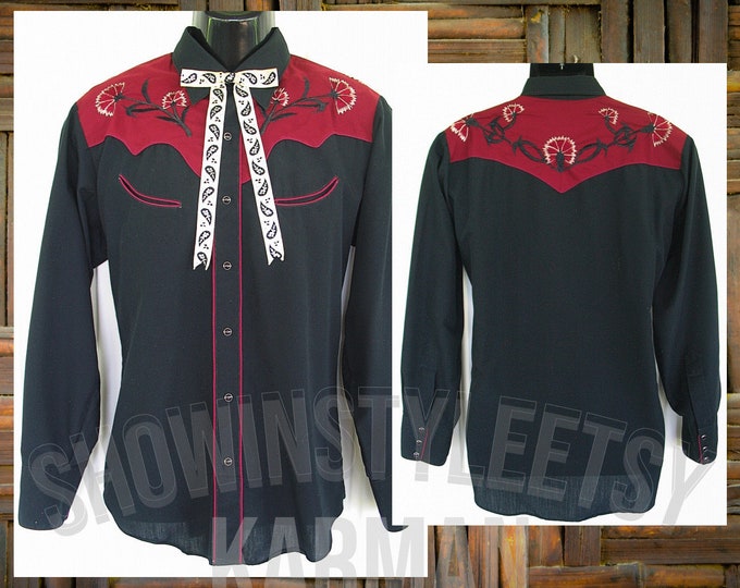 Karman Vintage Western Men's Cowboy & Rodeo Shirt, Black With Burgundy Floral Embroidered Yokes