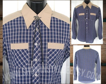 Kennington Western Vintage Men's Cowboy & Rodeo Shirt, Navy Blue and Beige Checked, Tag Size 15.5, Approx. Medium (see meas. photo)