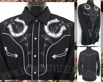 Karman Gold Collection Vintage Men's Cowboy & Rodeo Shirt, Embroidered and Appliqued Horse Shoes, Tag  Size Medium (see meas. photo)