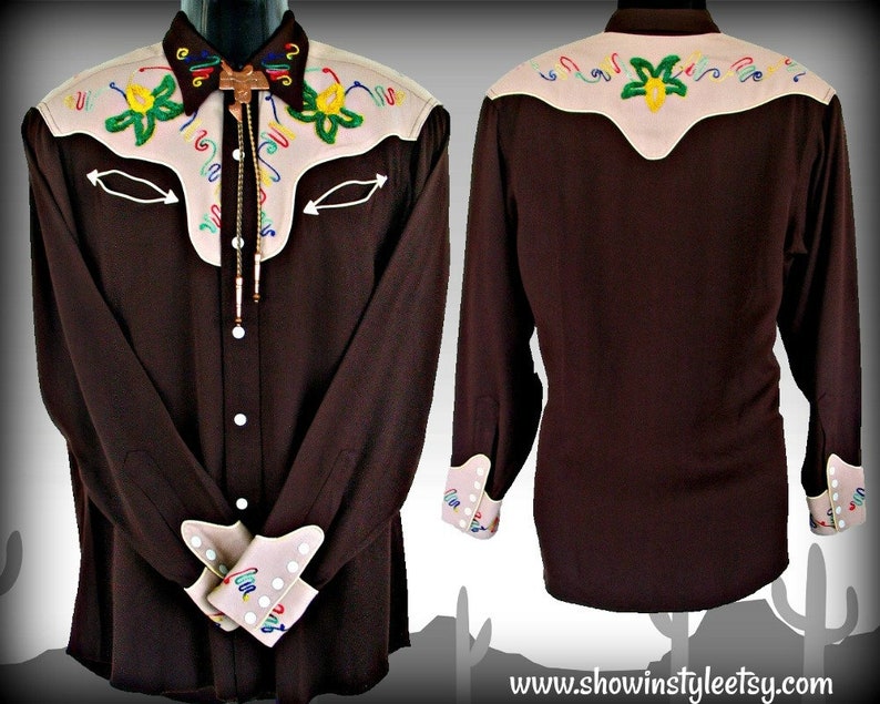 Approx Embroidered Chainstitched Floral Designs Montgomery Ward 101 Vintage Western Men/'s Cowboy Shirt see meas. photo Medium