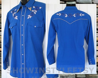 Karman Vintage Western Men's Cowboy, Rodeo Shirt, Navy Blue with Embroidered Blue & White Flowers, 16-34, Approx. Large (see meas. photo)