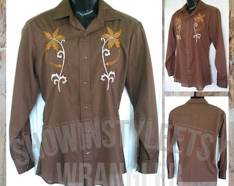 Wrangler Vintage Western Men's Cowboy & Rodeo Shirt, Dark Brown with Large Embroidered  Flower Designs, Tag Size Medium (see measurements)