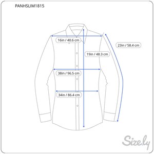 May include: White long-sleeve button-down shirt with measurements: 16 inches / 40.6 cm, 19 inches / 48.3 cm, 23 inches / 58.4 cm, 38 inches / 96.5 cm, and 34 inches / 86.4 cm. The shirt is displayed with sizing information.
