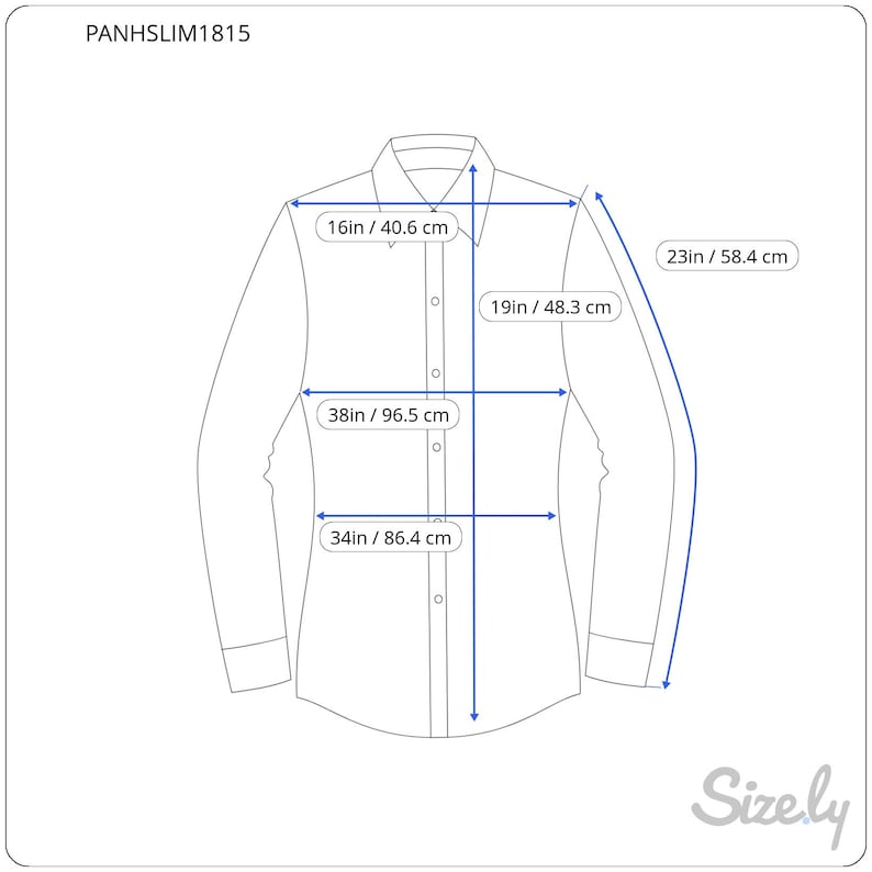 May include: White long-sleeve button-down shirt with measurements: 16 inches / 40.6 cm, 19 inches / 48.3 cm, 23 inches / 58.4 cm, 38 inches / 96.5 cm, and 34 inches / 86.4 cm. The shirt is displayed with sizing information.