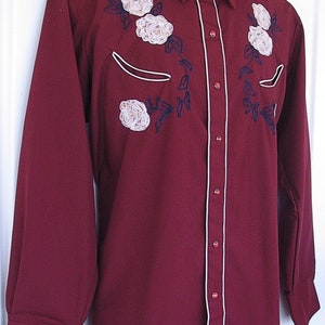 Karman Vintage Western Men's Cowboy, Rodeo Shirt, Burgundy with Light Gold Embroidered Flowers, 17-35, Approx. XLarge see meas. photo image 3