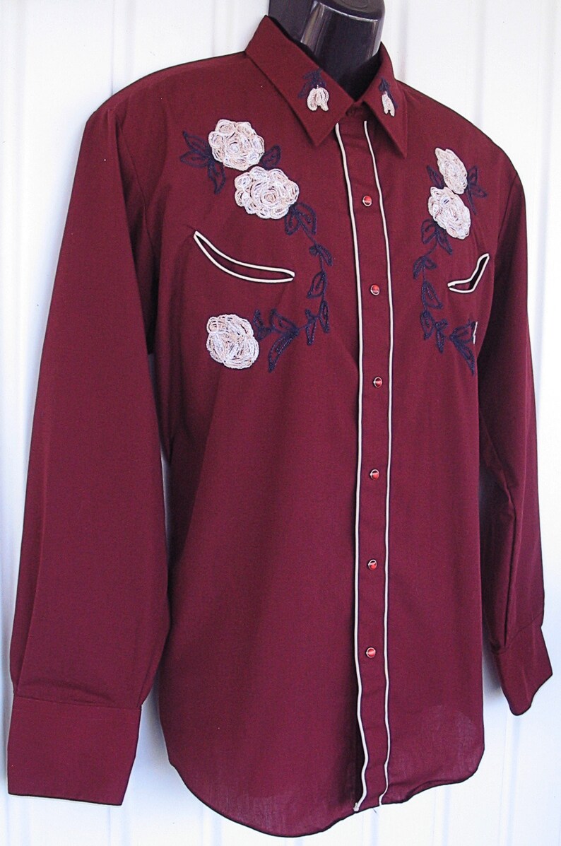 Karman Vintage Western Men's Cowboy, Rodeo Shirt, Burgundy with Light Gold Embroidered Flowers, 17-35, Approx. XLarge see meas. photo image 3