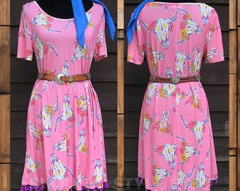 Women's Vintage Retro Southwestern Dress by Simply Southern, Slip-On in Medium Pink with White Cow Heads, Tag Size Small  (see meas. below)