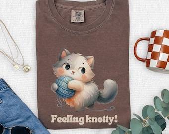 Comfort Colors Knitting TShirt Cute Knitter Tee Yarn Gift for Knitters Oversized T-shirt Funny Cat tshirt Grandma Crochet Gift Crafty Mom