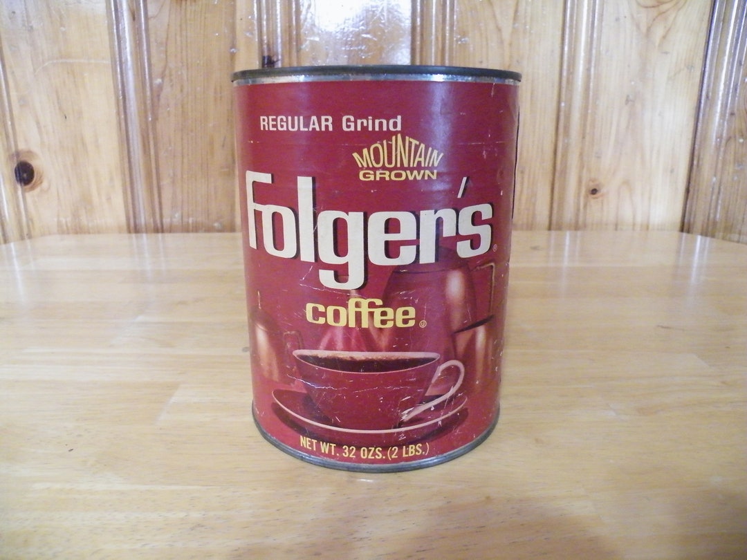 FOLGERS COFFEE Can, 32 Oz. Regular Grind Coffee Tin, Mountain Grown, 2 Pound, Good Advertising