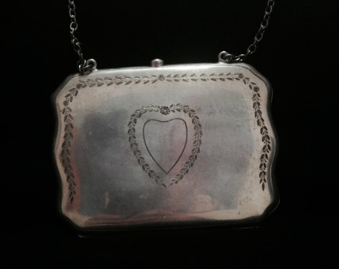 An Ornate Heart Embossed Early 1900's Art Nouveau Sterling Silver Purse - Trade Card Case-Holder, 13" Chain,  3.5x3x.25", 82.94 Grams #3269