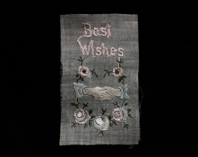 Intricate Art Nouveau Antique Loom-Weaving Embroidery Hand-Stitched "Best Wishes" Preserved In The Pages of a 19th C. Bible, 4x2.35" #4218