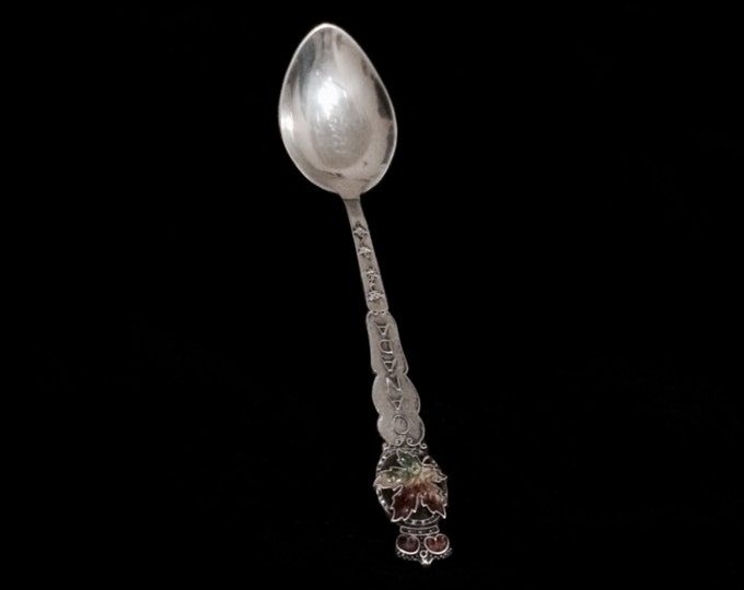 A Mid-Century Calgary Engraved Canadian Maple Leaf Enameled Demitasse Spoon / Sterling Silver, 5.73 Grams, 3.5x.6x.25" #4247