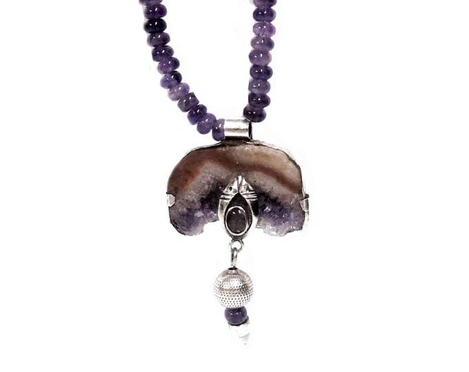 J. Adelson Designer Handcrafted Amethyst & Sterling Silver Pendant - Beaded Necklace, 15" Chain, Pendant: 2.5x1.5x.25", Weighs 1.4OZ #2326