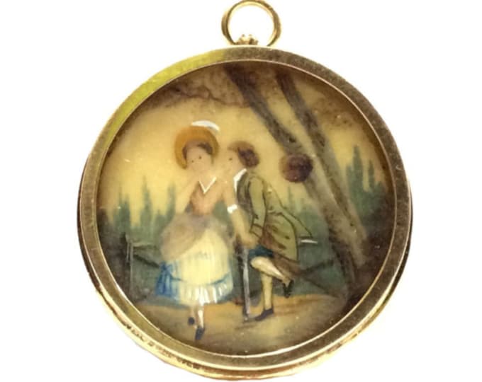 A Hand-Painted Victorian Porcelain Miniature of a Couples Courtship/14K Yellow Gold Interchangeable Brooch/Pendant, 8.77 Grams,1x1x.3" #3144