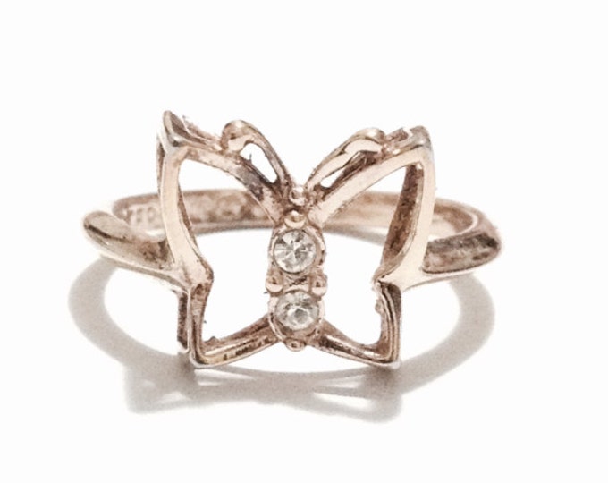 A Delicate Mid-Century Ornate cz Diamond Embossed 3-D Butterfly Ring / Sterling Silver, USA Ring Size 5, 2.04 Grams #3263