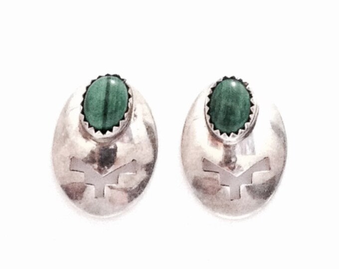 A Pair of Early 1930-40's Native American Green Jadeite Stud Earrings / Sterling Silver, w/ Butterfly Backs, .75x.5x.35", 3.17 Grams #3456