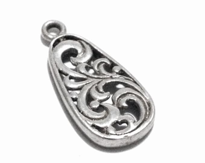 A Delicate Mid-Century Art Nouveau Filigree Teardop Charm - Pendant / Sterling Silver, 1x.5x.15", 1.67 Grams #3720