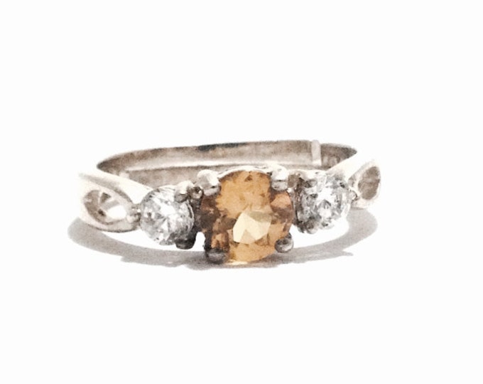 An Early 1930-40's Designer AVON Solitaire Citrine & doublet cz Diamond Adjustable Ring / Sterling Silver, USA Size 6.75,  2.73 Grams #3395