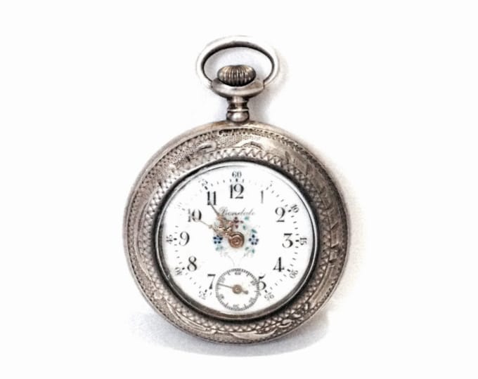 A Late 19th Century Bondale Flowering Enamel Porcelain Faced Pocket Watch / 0.935 Swiss Silver Case,  1.75x1.5x.45" , 26.85 Grams #4024