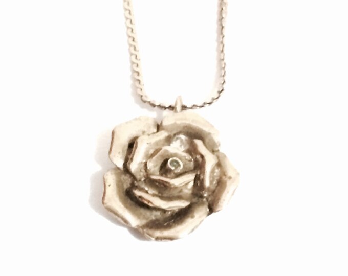 Handcrafted Designer J. Adelson Flowering cz Diamond Embossed Rose on a 15" Brass Chain Necklace, Pendant: 1x.75x.25",  23.9 Grams #4142