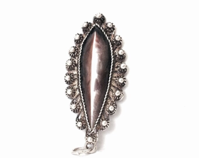 An Early 1930-40's Art Nouveau Solitaire Teardop Abalone Filigree Pendant - Medallion / Sterling Silver, 1.5x.75x.25", 4.88 Grams #4074