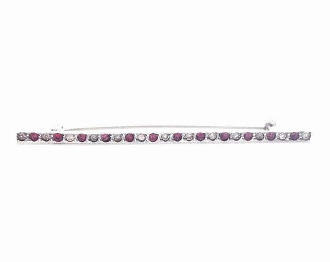 An immaculate 1920's Art Deco Ruby & cz Diamond Embossed Brooch-Pin / Sterling Silver, 3x.25x.25", 3.45 Grams #3437