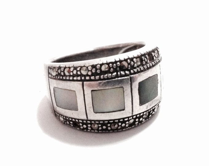 An Early 1930's Southwestern Art Deco Square Channel Abalone & Marcasite Paved Ring / Sterling Silver, Size 6.75, 7.64 Grams #3589