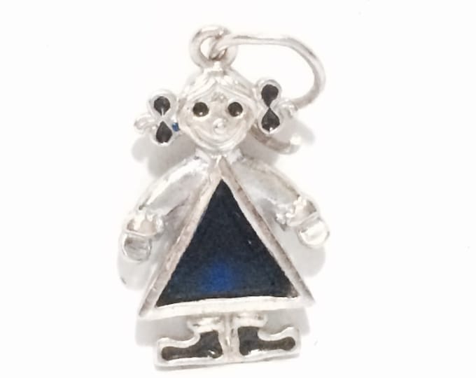 A Cute Mid-Century Girl Solitaire Triangle Cut Dark Aquamarine Charm-Pendant / Sterling Silver, .75x.5x.25", 2 Grams #4120