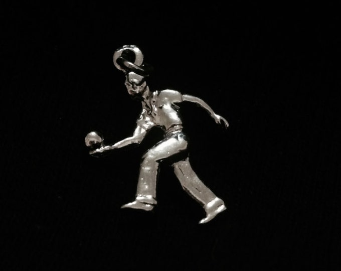 A 1960-70's Retro Man Bowling Charm-Pendant / Sterling Silver, 1x.5x.25", 1.69 Grams #3317