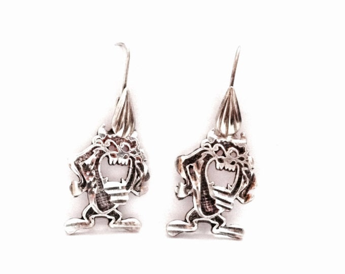 A Cute Pair of Mid-Century Disney Tazmanian Devin Monster Charm Character Drop - Threader Earrings / Sterling Silver, 3.99 Grams #3480