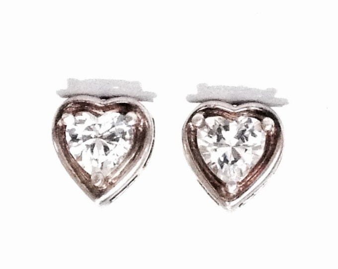 A Pair of Mid-Century 1CT Brilliant Heart Cute cz Diamond Stud Earrings / Sterling Silver w/ Butterfly Backs, .6x.4x.4", 2.3 Grams #4055