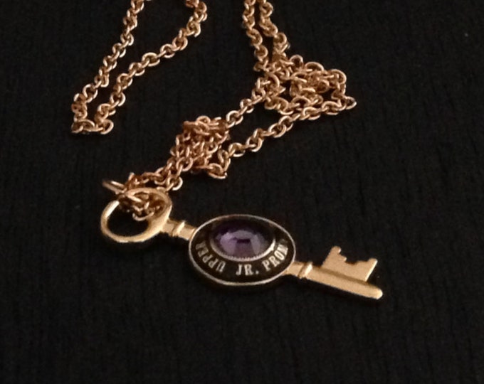 Antique Gold/Amethyst Key Necklace, Upper Moreland Jr. Prom 1979, 5.4oz, 18" Chain, pendant 1.25" tall, #2384