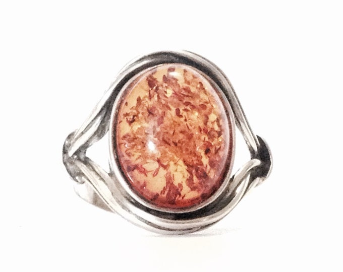 A Stunning Early 1930-40's Solitaire Amber Cabachon Stone Ring / Sterling Silver,  size 10, 5.70 Grams #3694