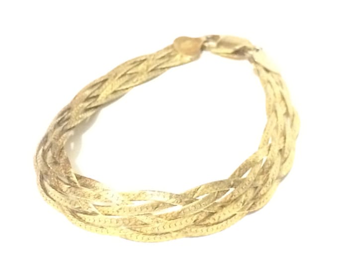 An Elegant 7.5 Mid-Century Italian 24K GP Multi-Braid Herringbone Chain Bracelet / Sterling Silver, Spring Clasp, 9.23 Grams, .5" Wide #4182