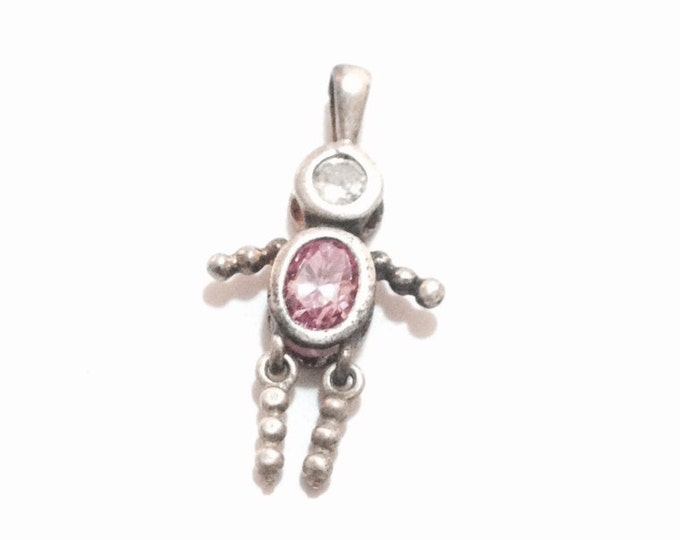 A Mid Century Solitaire Pink Topaz & cz Diamond Diamond Embossed Human-Person Pendant-Charm / Sterling Silver, 1x.5x.25", 1.77 Grams #3304