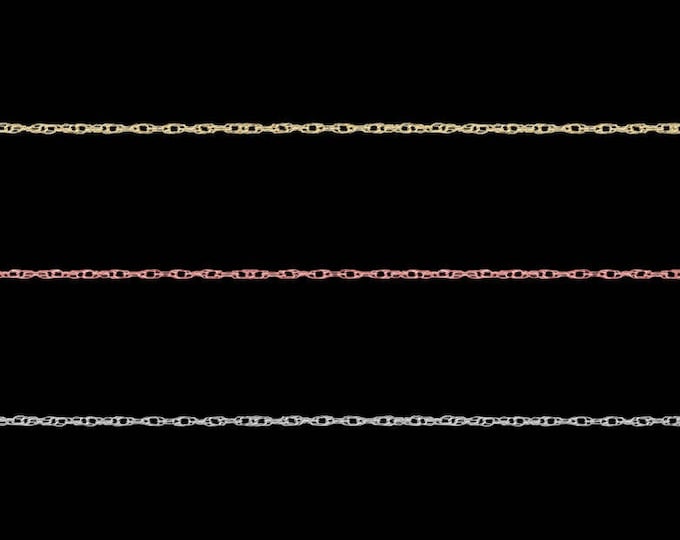 Rope chain link necklace in 14k yellow, white, or rose gold, 0.70mm, spring ring clasp; 14, 16, 18, 20, or 24 inches.