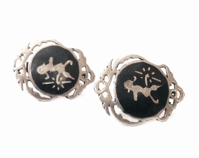 An Elegant Pair of 1930's Siamese Niello Inlaid Dancer Clip-On Earrings / Sterling Silver, 1x.75x.25", 6.78 Grams #4033