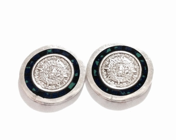 A Pair of Early 1930-40's Mexican Meso-American Styled Turqouise Inlaid Clip On Earrings / Sterling Silver, 1x1x.35", 14.51 Grams #3700